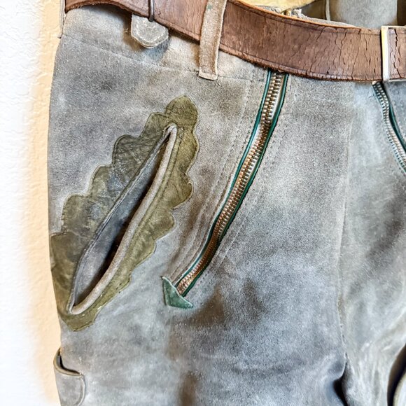 Vintage Green Suede Lederhosen Deer Crest Women's Oktoberfest Folk Costume - Picture 5 of 11